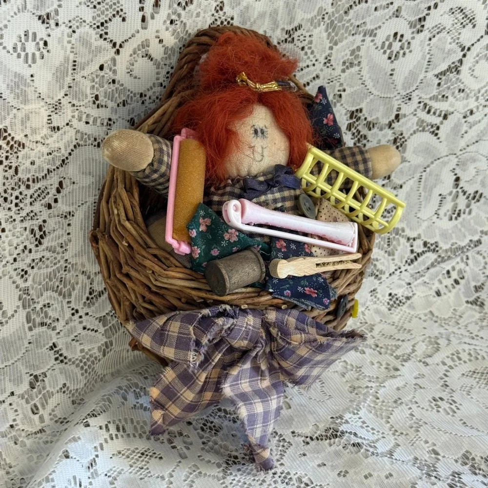 Primitive Country Rag Doll Wicker Wall Basket Farmhouse Decor Laundry Notions